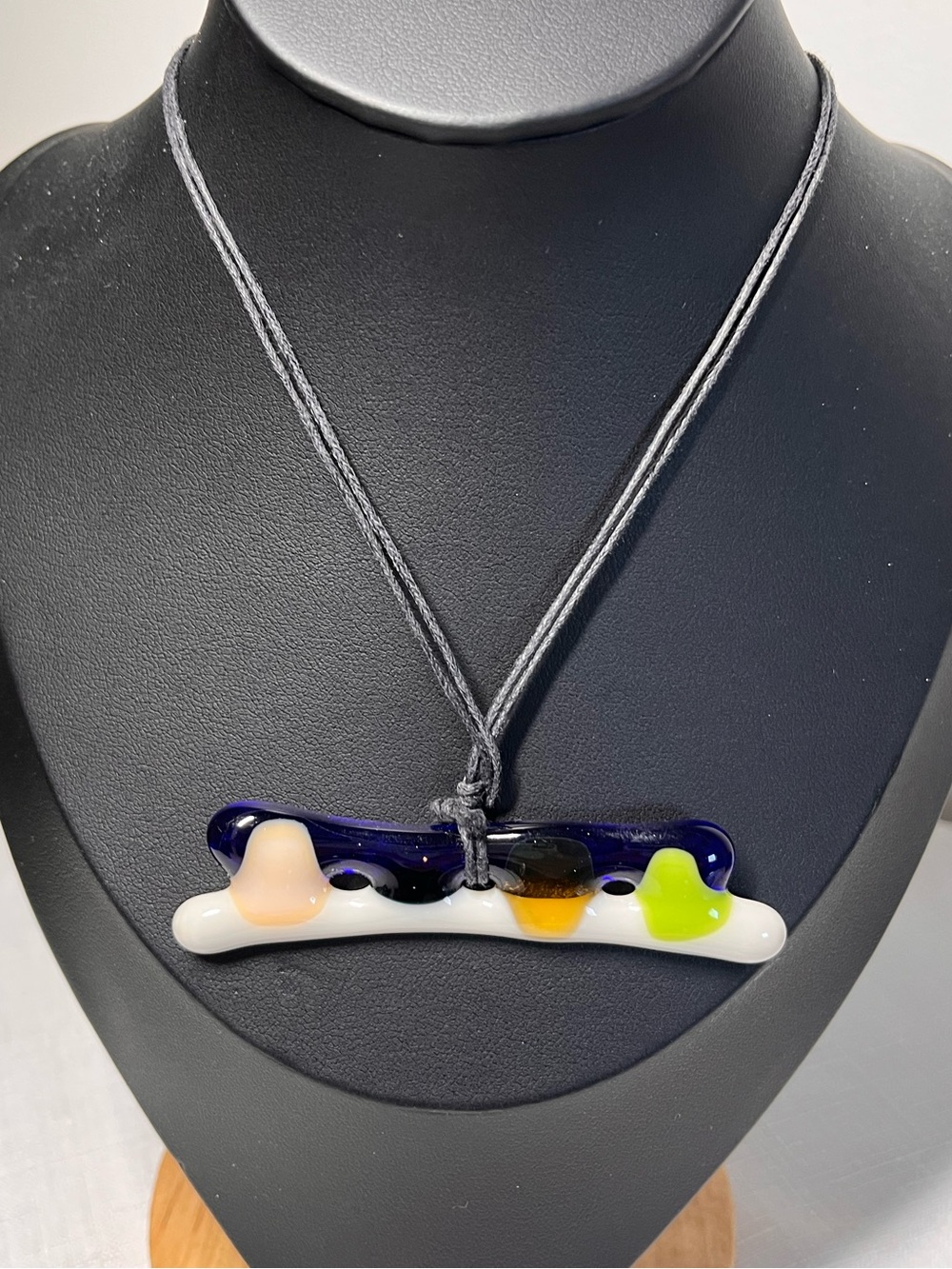 Handcrafted Multicolor Glass Pendant Necklace on cord
Adjustable 14”-27”